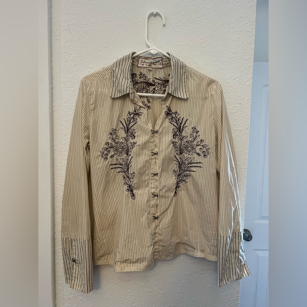 Johnny Was Embroidered Striped Blouse